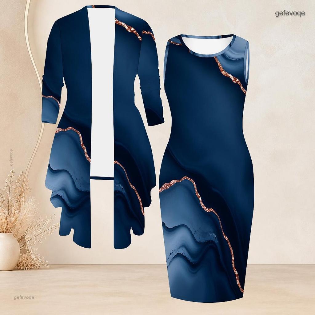 Women Plus Size Two Piece Set Blue Printed Long Sleeve Draped Cardigan Sleeveless Bodycon Dress