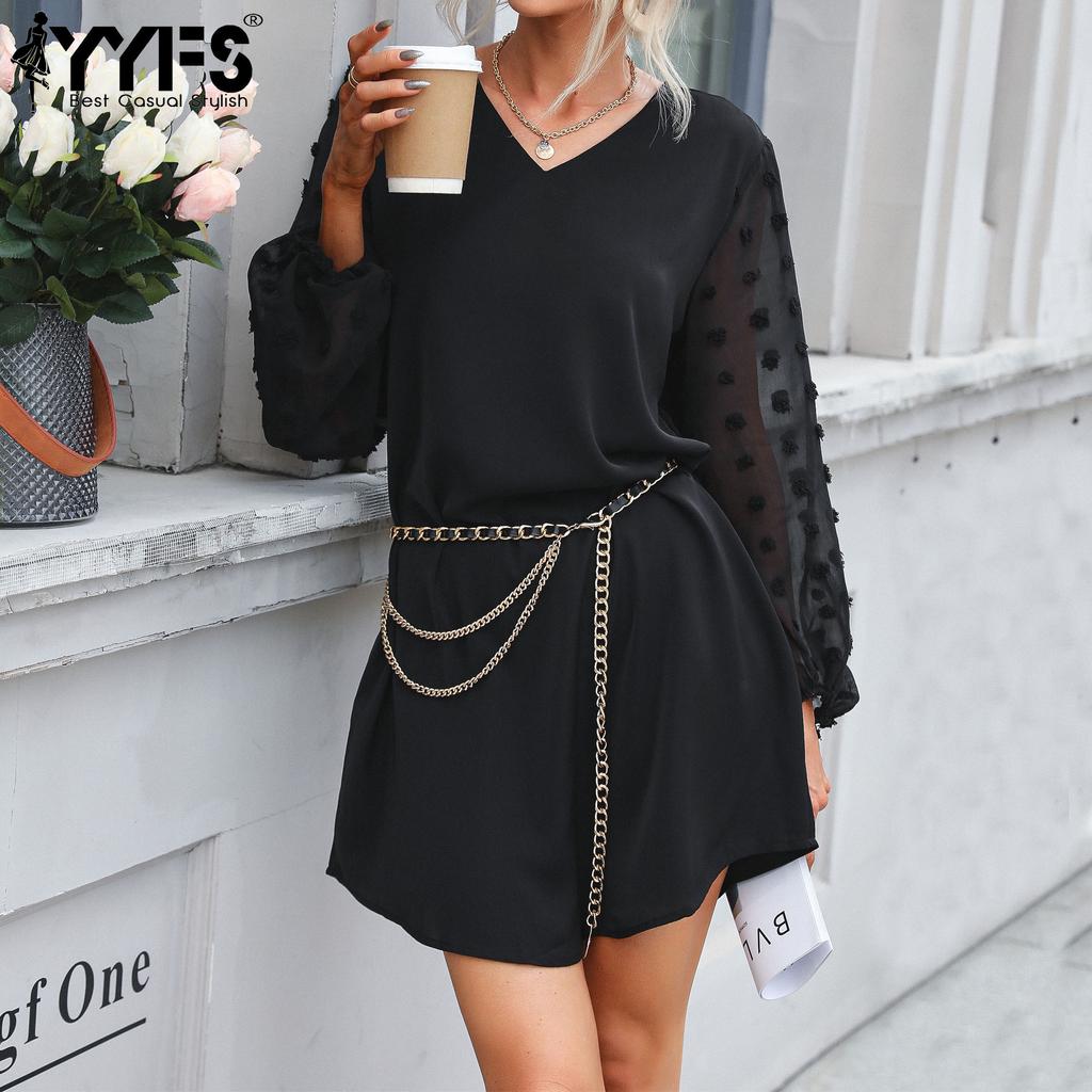 YYFS Moda damska Lato Wiosna Jednolity kolor Drukuj Luźne sukienki z długim rękawem i dekoltem w kształcie litery V, z wysokim stanem