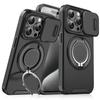 For iPhone 15 Pro Magnetic Phone Case Slide Lens Protection Ring Kickstand TPU+PC Cover