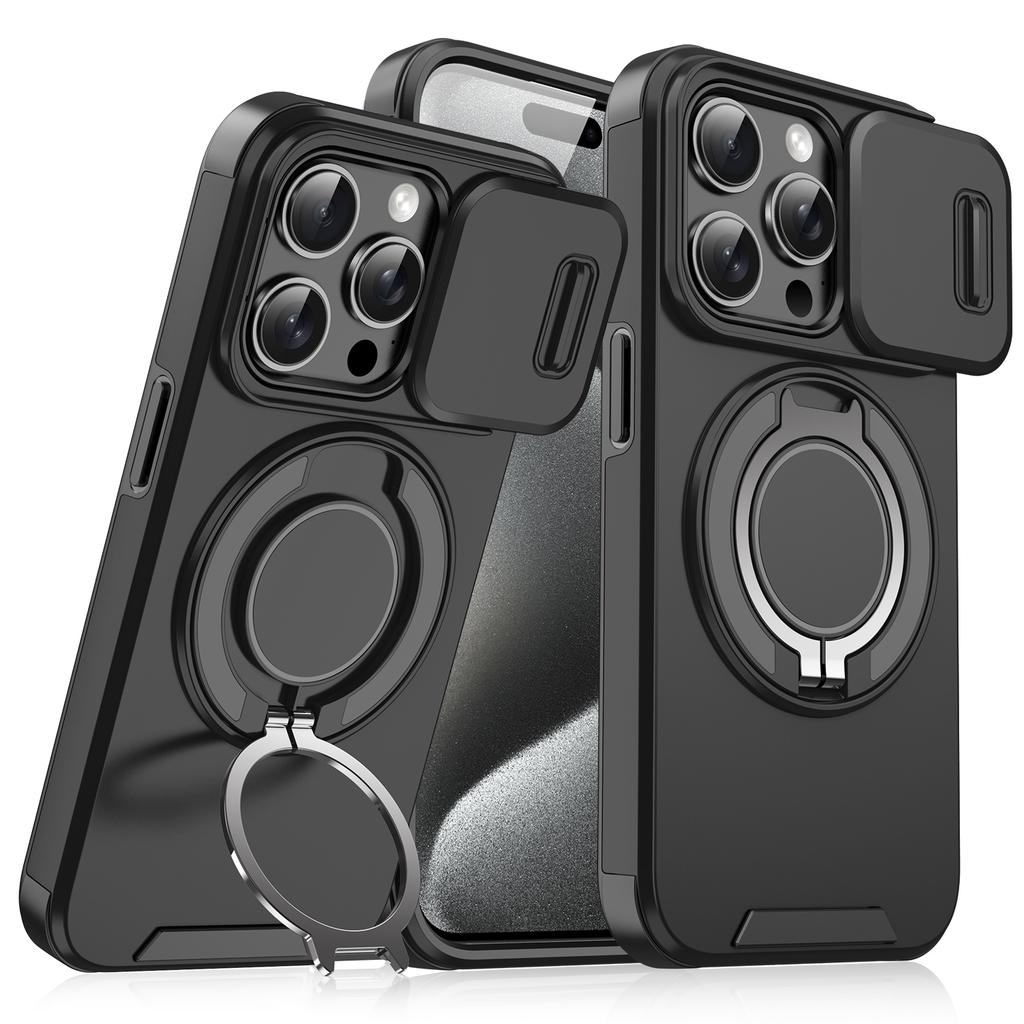 For iPhone 15 Pro Magnetic Phone Case Slide Lens Protection Ring Kickstand TPU+PC Cover