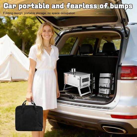 Foldable Camping Stove, Stainless Steel Portable Wood Burning Stove, Tent Stove with Visible Window, Adjustable Vent & Multiple-Section Pipe for