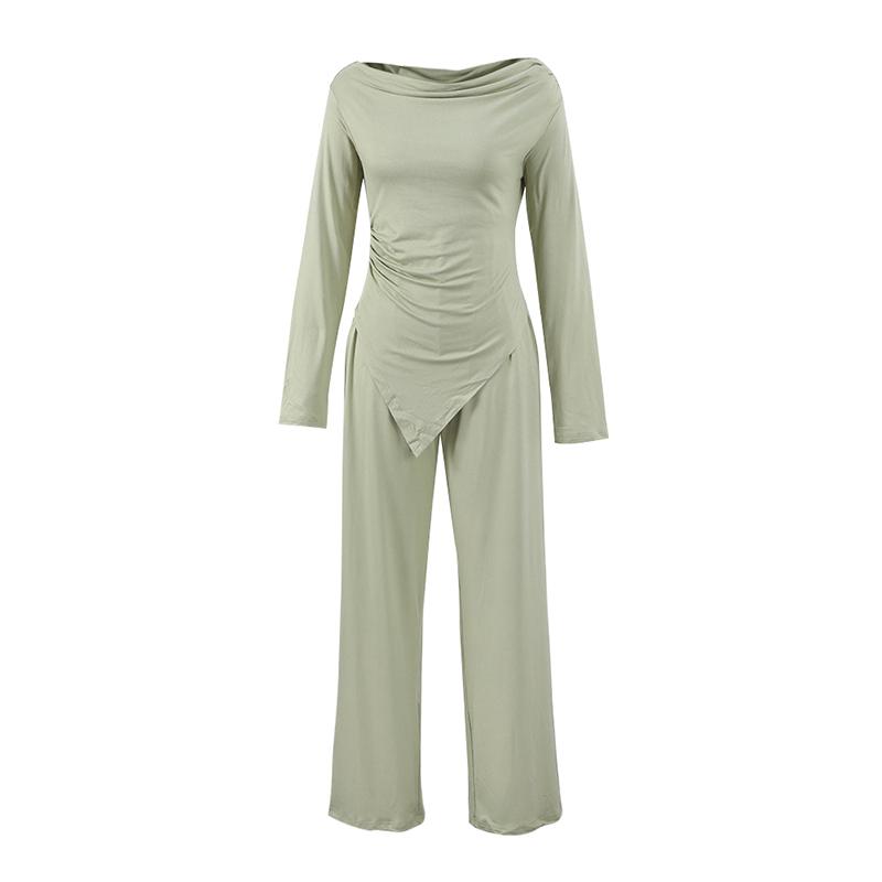 

Модні однотонні довгі брючні комплекти, жіночі весняні 2025 р. Нерегулярні сорочки з відкритими плечима, топи, штани з широкими штанинами на резинці, костюми з 2 предметів L зелений