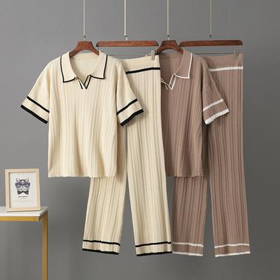 New Summer Polo Collar Short Sleeve Fashion Casual Loose Versatile Thin High Waist Knitted Suit Women