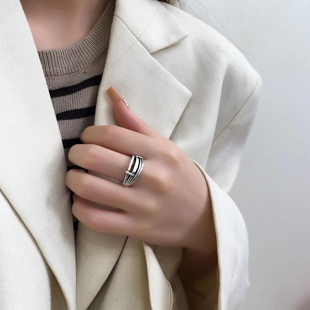 Yinruitai Retro S925 Sterling Silver Adjustable Distressed Letter Ring for Women - Niche Design Index Finger Jewelry