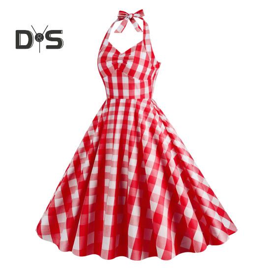 1950er Jahre Damen Rosa Kariertes Ärmelloses Kleid Schnürung Schleife Neckholder Versteckter Reißverschluss Skater Saum Cocktailparty Swing Kleid Hohe Taille A-Linie Kleid