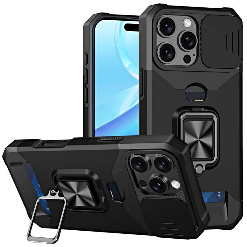 Stoßfestes, schweres Hartschalenetui mit Metallständer und Kartensteckplatz für das iPhone 16 Pro Max 15 Pro Max 14 Pro Max