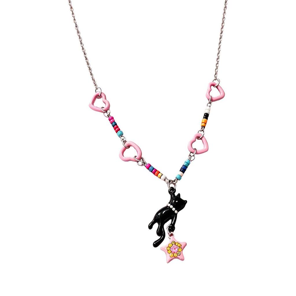 Cat Stealing Stars Pink Star Beaded Fashion Necklace Women Summer Dopamine Y2K Hot Girl Style Collarbone Chain Neck Chain