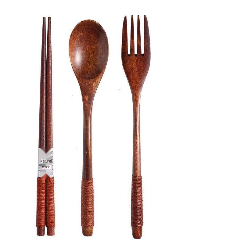 Studentisches Holzbesteck-Set: Löffel, Gabel, Essstäbchen mit Tragetasche. Ideal für den Außenbereich.