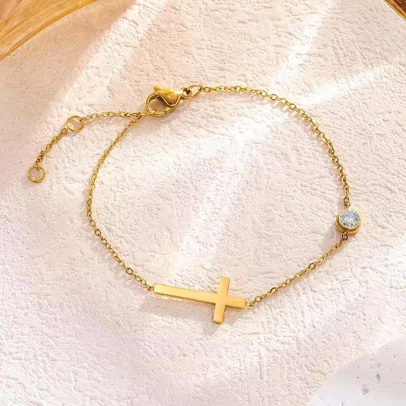 

Stainless Steel Gold Color Cross Chain Bracelet for Women Shiny CZ Zircon Charm Hand Bracelet Wedding Zircon Gift золотий