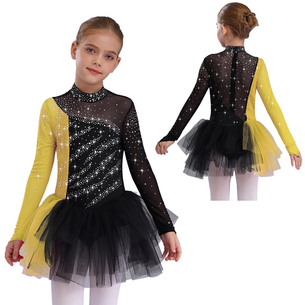 Girls Figure Skating Dress Long Sleeve Sparkling Rhinestones Color Block Patchwork Stage Performance
