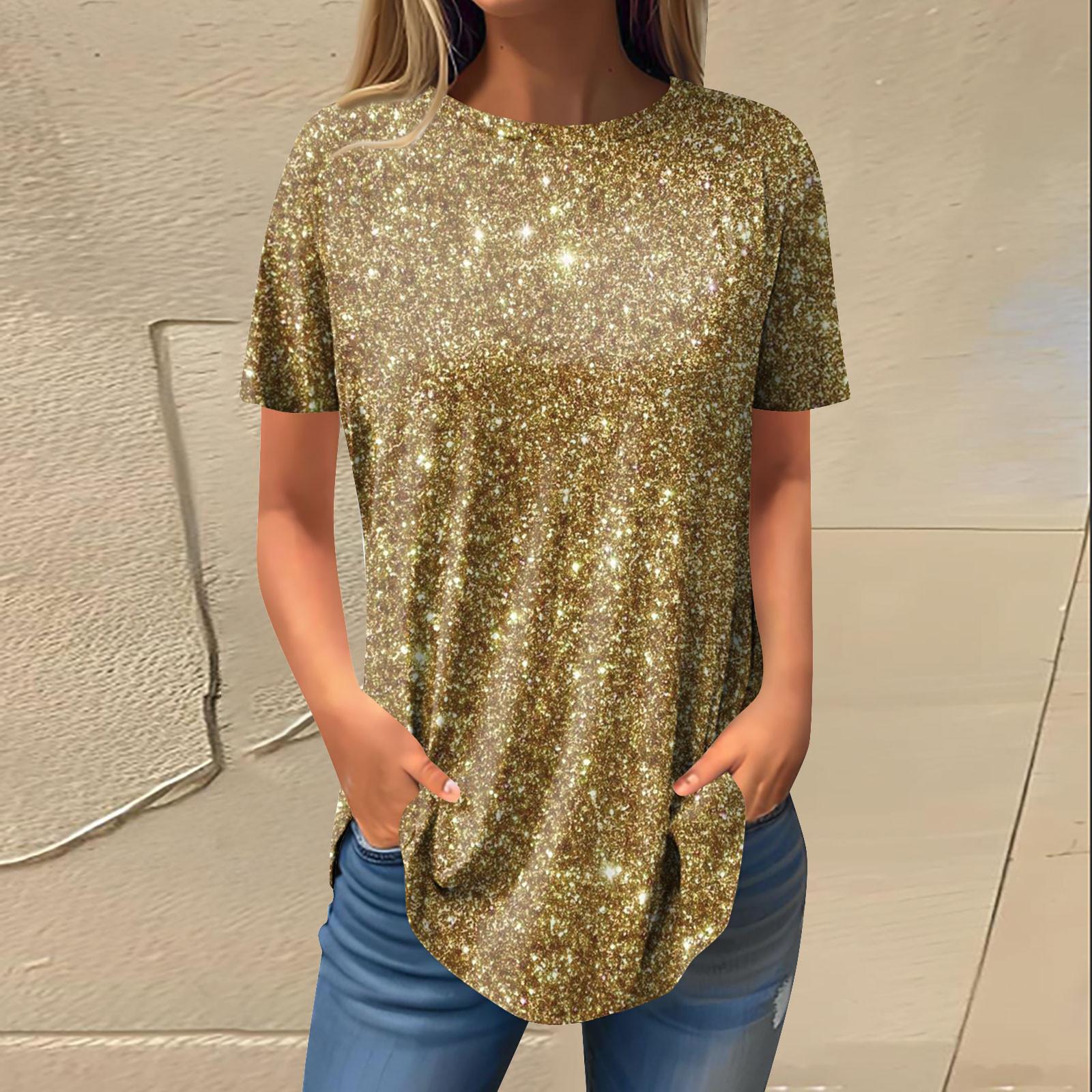 

Женская мода, повседневная футболка с круглым вырезом и блестками, пуловер с короткими рукавами, топ XL золотой