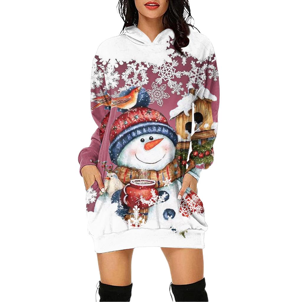 Damen Weihnachten Print Langarm Kapuzenpullover Kleid mit Tasche