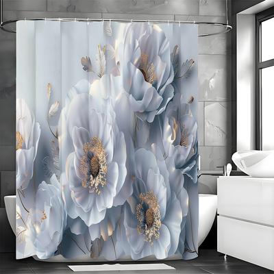 Gray Floral Botanical Shower Curtain, Bathroom Decorative Shower Curtain, Waterproof Shower Curtain with Hooks