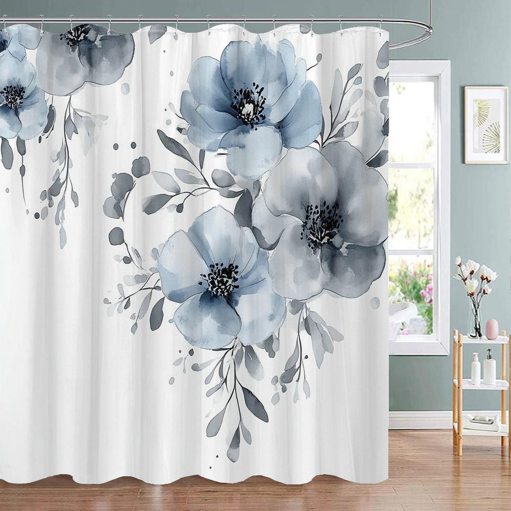 Beautiful and Elegant blue Flowers Pattern Shower Curtain,  Bathroom Decorative Shower Curtain,Home Curtain with Hooks