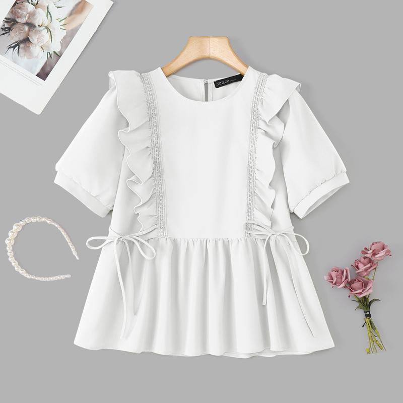 

ZANZEA Женская повседневная блузка с круглым вырезом, летняя, с коротким рукавом, с оборками, комбинированная S белый