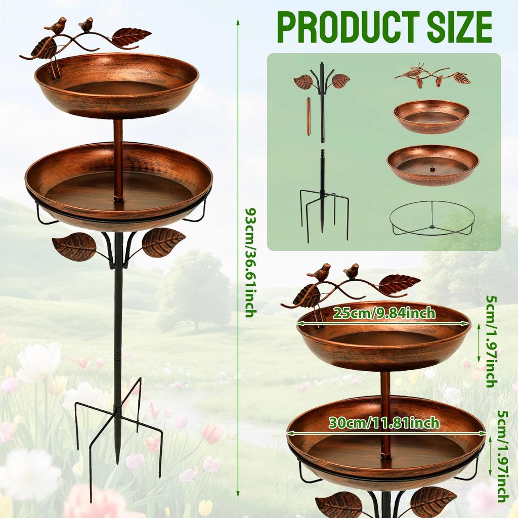 2-Layer Bird Feeder Iron Parrot Bird Birdtub with 5 Pronged Base Large Capacity Feeding Bird Bath Spike for Outdoor Garden Decor
