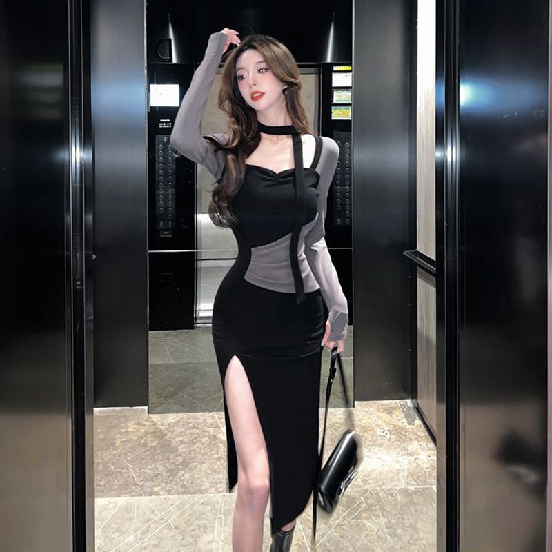 Spice girl pure desire square collar neck split dress season new women's clothing waist splicing hip wrap medium and long dress