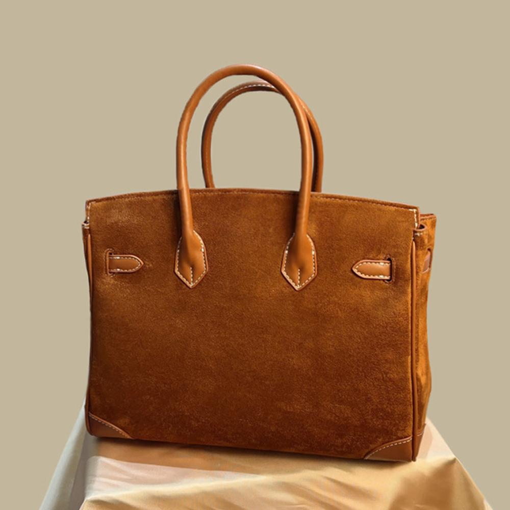 New Trendy Suede Leather Handbag Large‑Capacity Nubuck Top‑Grain Cowhide Women Bag Casual Single Shoulder Crossbody Purse -NO LOGO