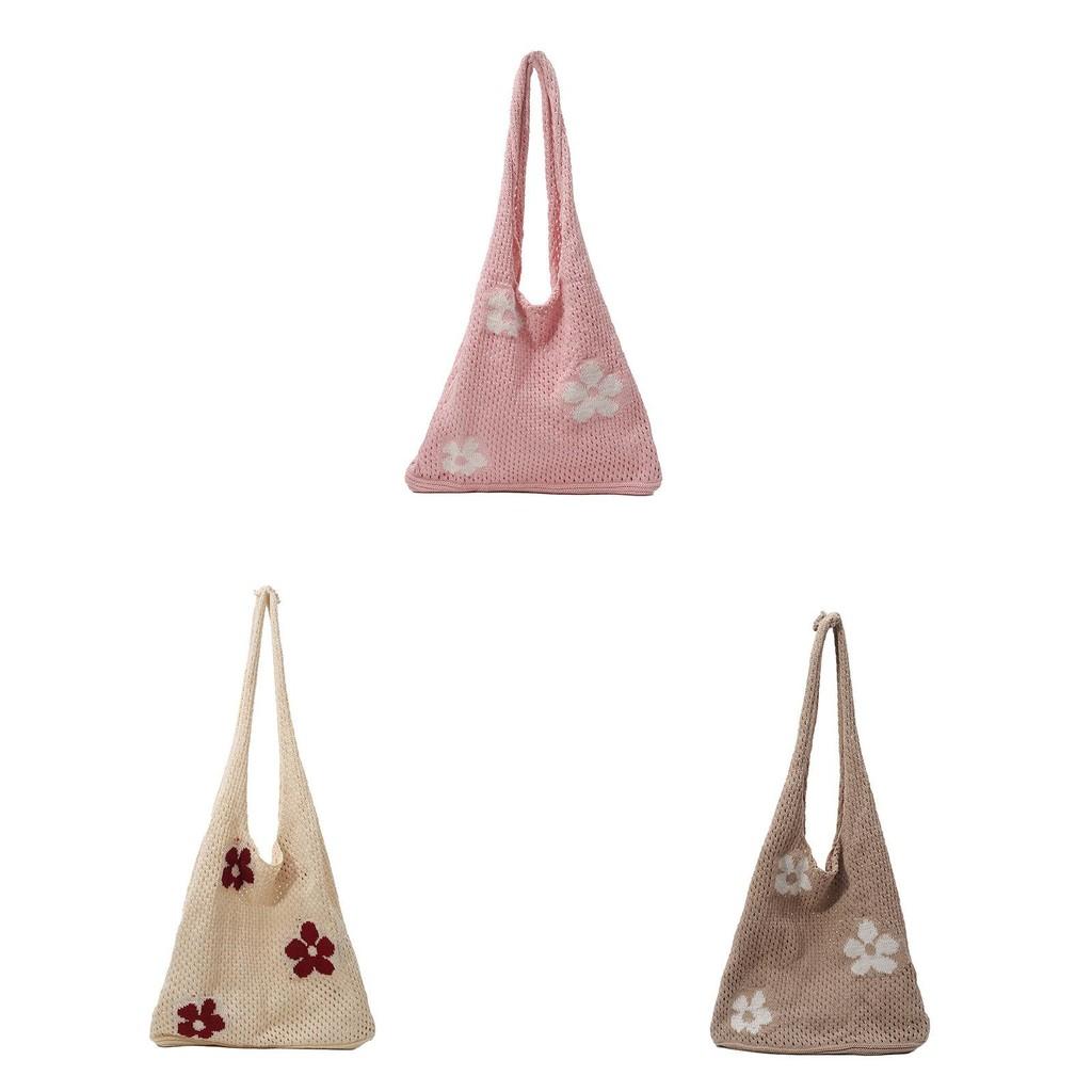 Flower Hollowed Knitting Tote Bag Large Capacity Casual Womens Shoulder Bag For Daily Use