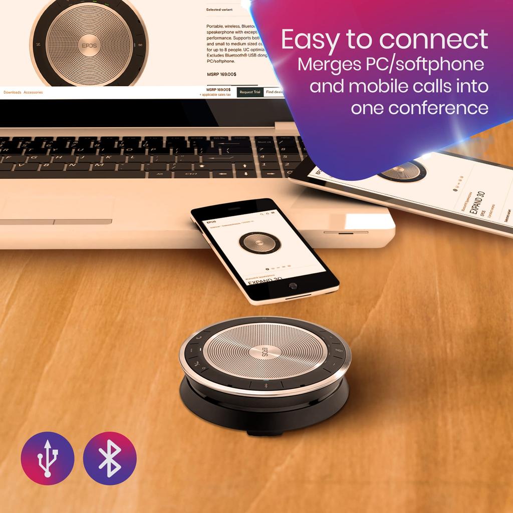 EPOS EXPAND 30 Bluetooth Speakerphone Portable Noise Ideal for Meetings of Up To 8 People - High-Quality Audio, Design, Cancelling, Multi-Device