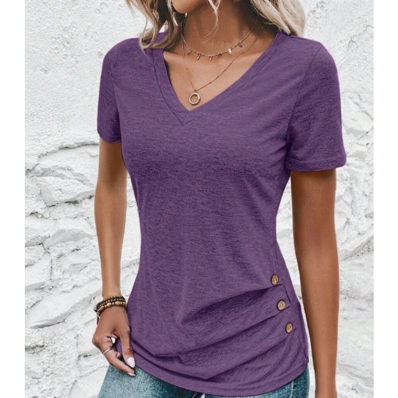 

Весенне-летние женские футболки премиум-класса облегающего кроя, однотонные, повседневные, с V-образным вырезом, с коротким рукавом и застежкой на пуговицы M фиолетовый