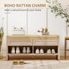 Boho Shoe Bench with 2 Rattan Drawers, Shoe Storage Bench with Cushioned Seat and Open Shelf Oak Wood Effect