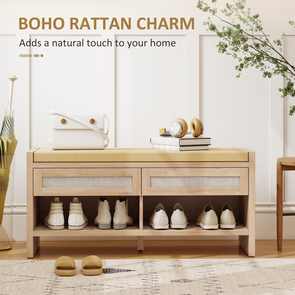 Boho Shoe Bench with 2 Rattan Drawers, Shoe Storage Bench with Cushioned Seat and Open Shelf Oak Wood Effect