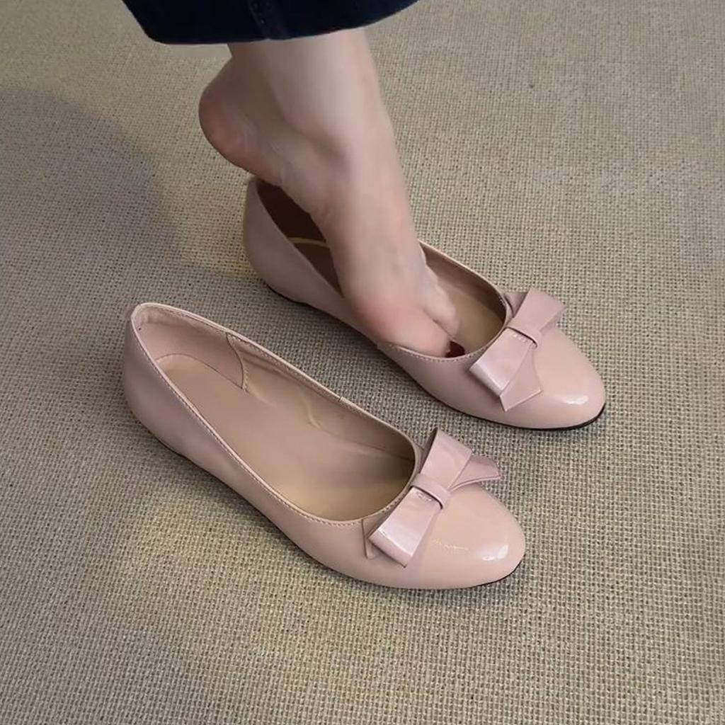 Round Head French Bow Inner Height Increase Shallow Mouth Single Shoes One Pedal Commuter Temperament Ballet Shoes