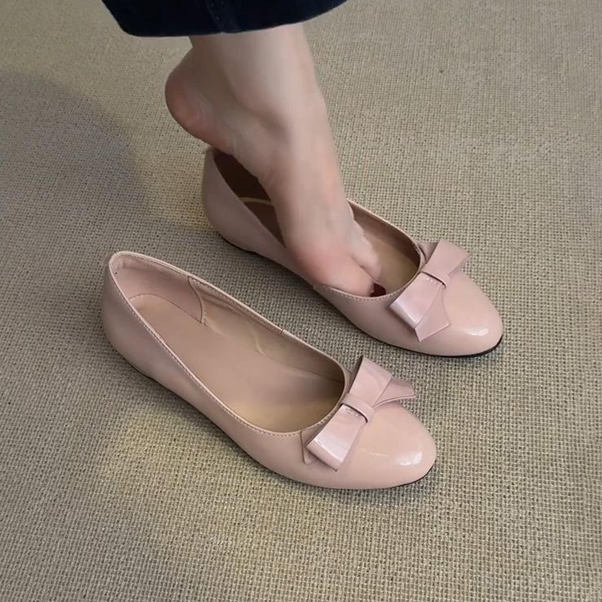 Round head French bow inner height increase shallow mouth single shoes one pedal commuter temperament ballet shoes 35