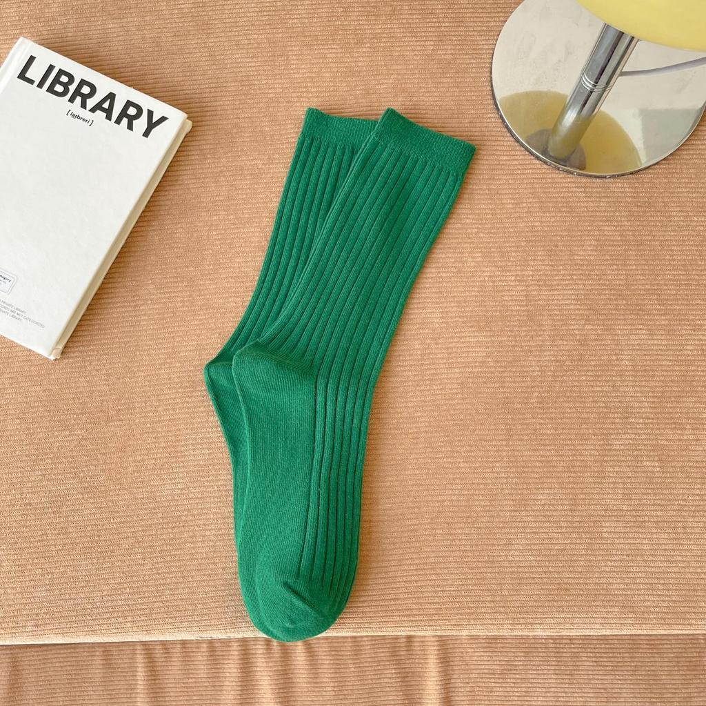 Dámské ponožky ze 100% čisté bavlny do půlky lýtek, trendy korejský styl, jednobarevné, dvoujehlové, podzimní/zimní svislý proužek, podkolenky s volným lemem