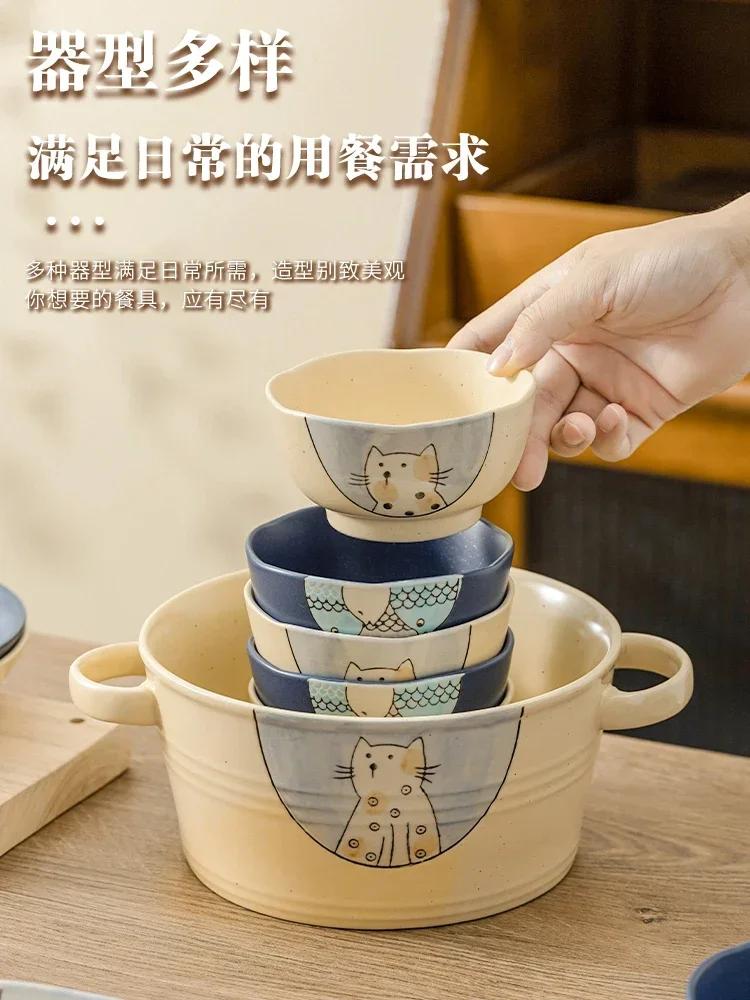 Cute Cutlery Bowl Ceramic Cartoon Set Home Japanese Bowl with Bowl Gift Creative Couple Cutlery LEH8H7