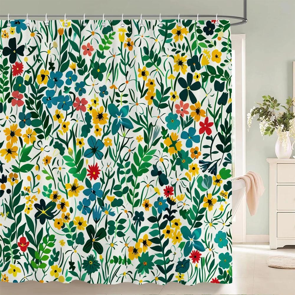 Home Shower Curtains for Bathroom Waterproof Fabric Spring Floral  and Plants Bathroom Curtains with Hooks Decorative Curtain