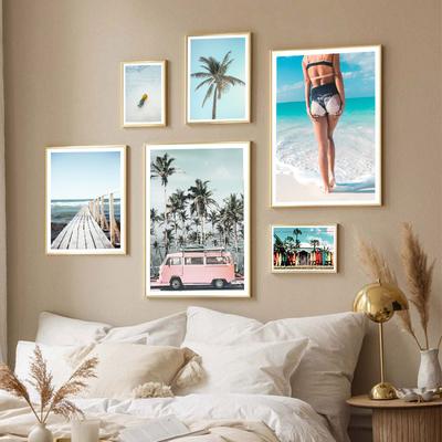 Summer Seaside Scenery Beauty Palm Tree Surfboard Nordic Poster Landscape Decoration Painting Canvas Art Wall Picture HD Print
