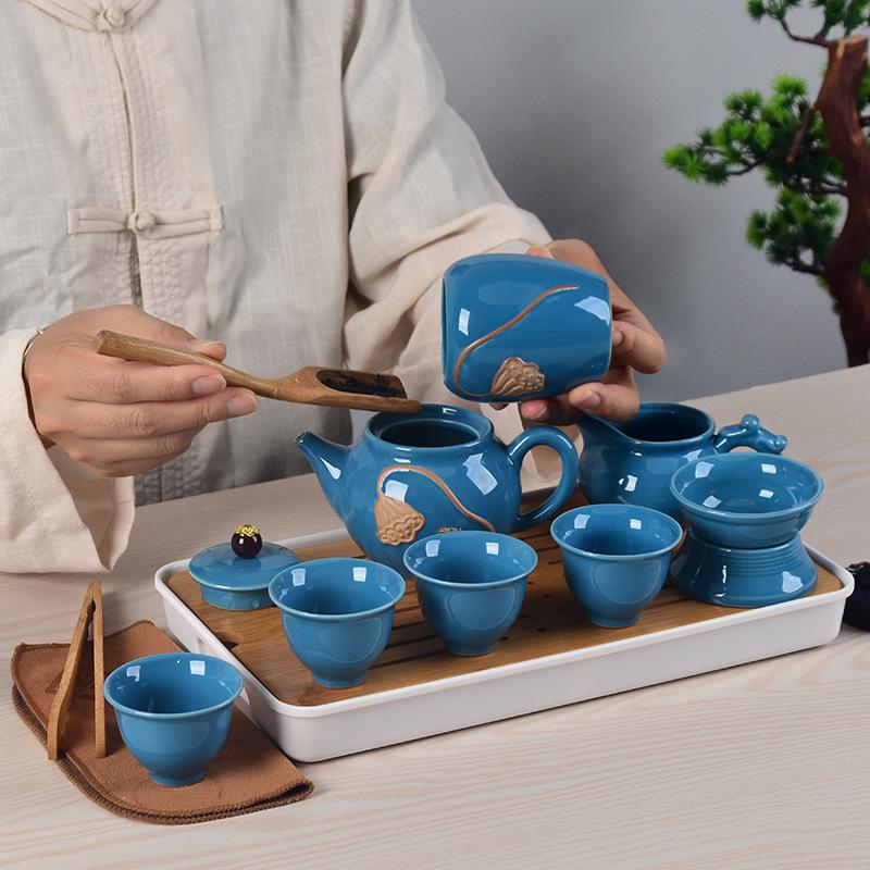 High-end Relief Cup Ceramic Fu Tea Set Household Kung Fu Porcelain Lotus Office Reception