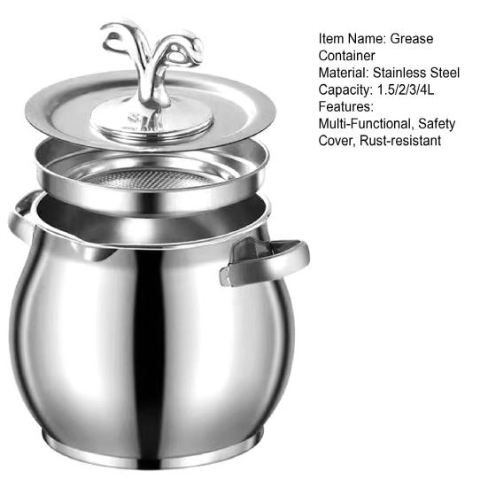 Bacon Grease Container Stainless Steel Oil Pot with Filter And Lid Dual Handle Lard Pot Kitchen Oil Storage Jar