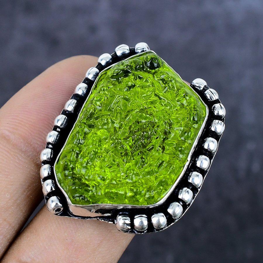 Natürlicher Moldavit Quarz Edelstein 925 Sterlingsilber Schmuck Ring Größe 9 E4B29