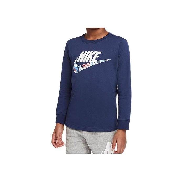 Nike Long Sleeve T-Shirt Letter Logo Print Casual Round Neck Kids Tops Dark-Navy DR8617-410