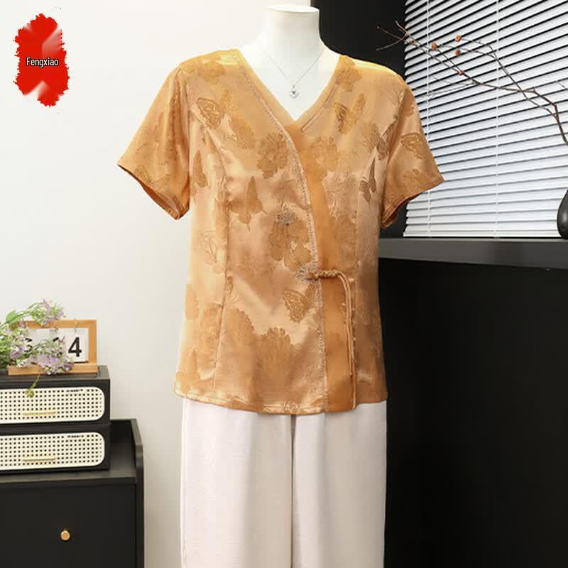 Women s Summer V-Neck Floral T-Shirt & Top Set 5XL