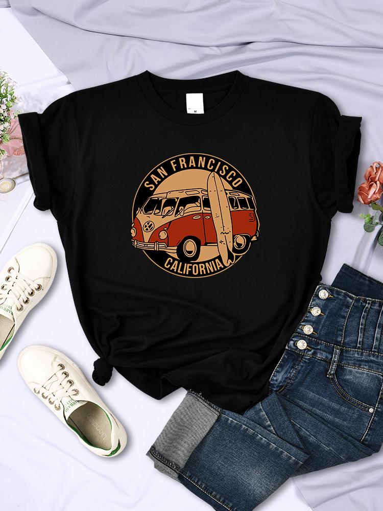 San Francisco California Vintage School Bus T-Shirts Women Street Hip Hop Short Sleeves Summer Breathable Tshirt Soft Casual Tee