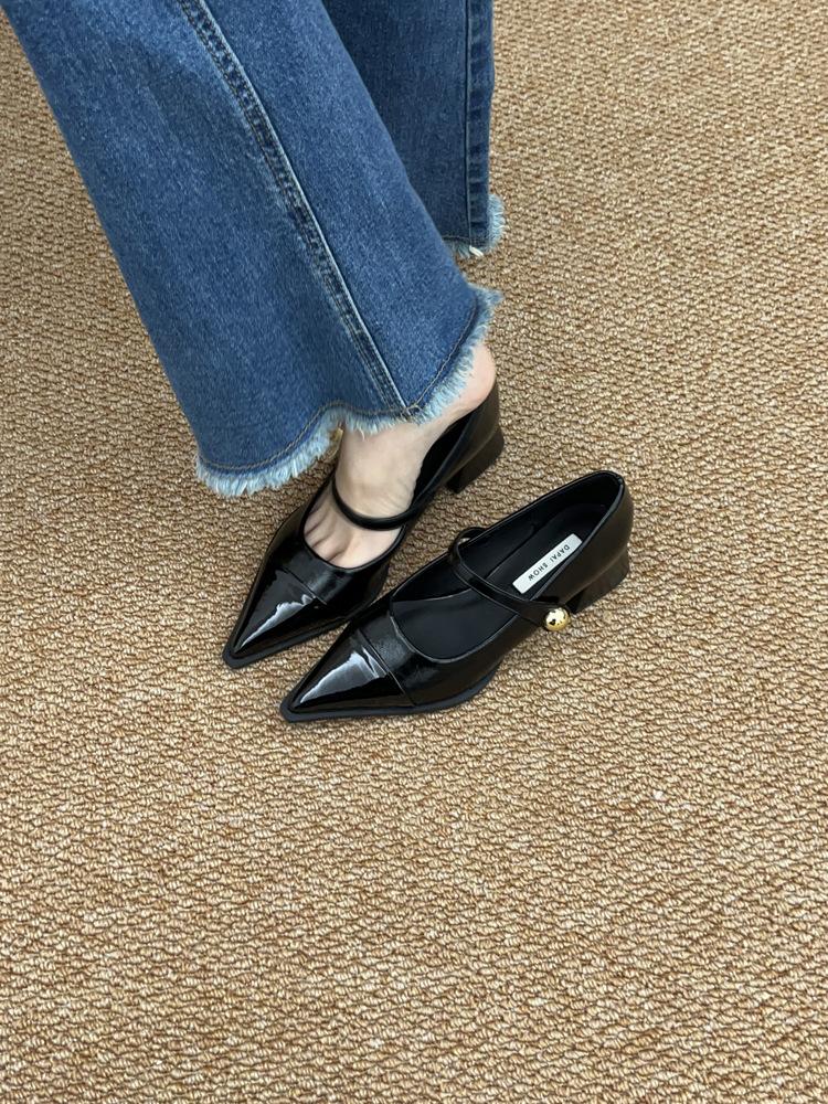 

Остроносые маленькие кожаные туфли женские 2024 новая весна толстый каблук низкий каблук высокий каблук ретро французский темперамент Мэри Джейн туфли-лодочки 40 чёрный