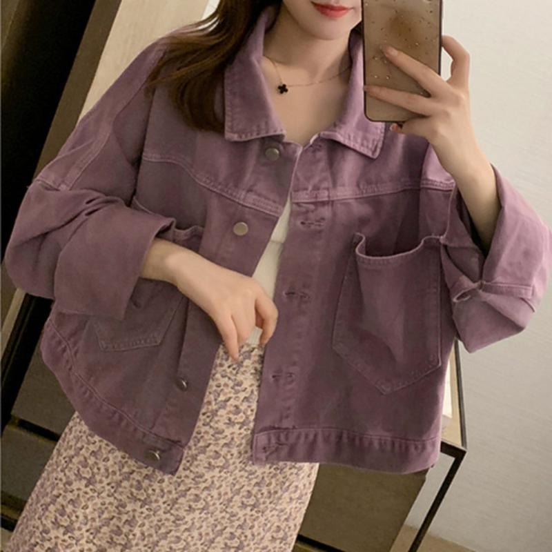IHUASU Women's Loose Thin Purple Denim Short Jacket Autumn and Winter Casual Tops