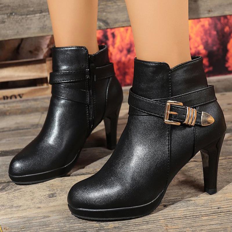 Fashion Fashion Pointed Toe Ankle Boots Women Autumn Winter Black Super High Heel Boots for Woman Buckle Detor Zipper Up Booties Ladies