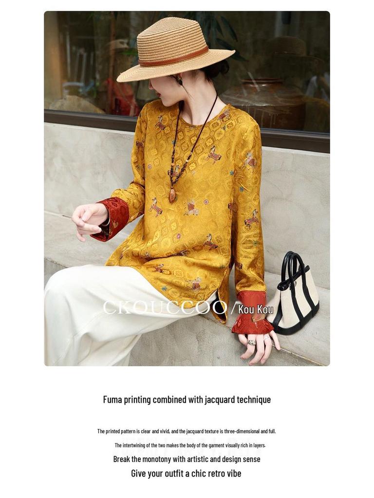 Golden Saddle Jacquard Silk Xiangyun Women's Round Neck Shirt - Spring 2026 Chinese Style Top