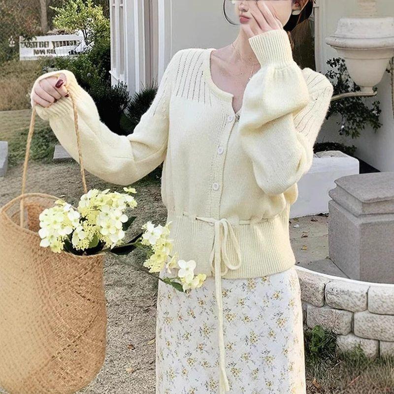 Gentle wind drawstring round neck long sleeve thin knitted cardigan women spring and autumn design hollow sweater jacket women