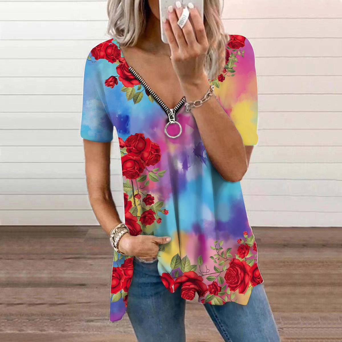 

Женский топ, летний новый модный повседневный разноцветный топ с принтом роз и застежкой-молнией с v-образным вырезом и короткими рукавами L разноцветный