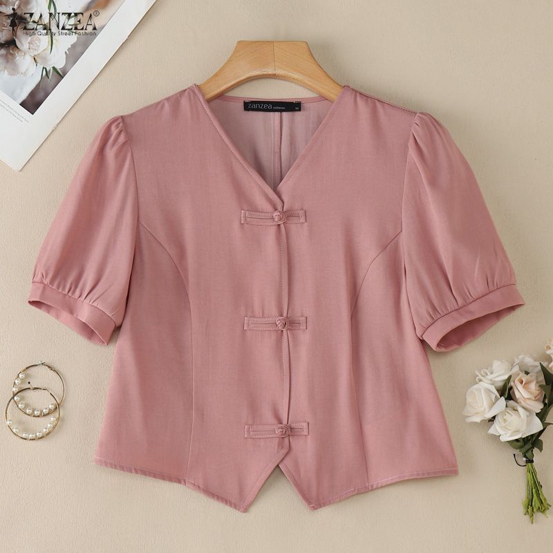 ZANZEA Dámská ležérní letní halenka s V-výstřihem, jednobarevná, krátký rukáv