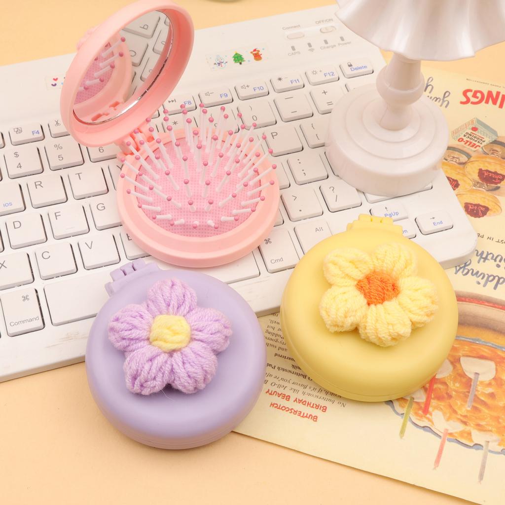 Cute Cartoon Knitted Flower Air Cushion Comb Portable Folding Mirror Hair Brush for Women Girls Travel 1pcs