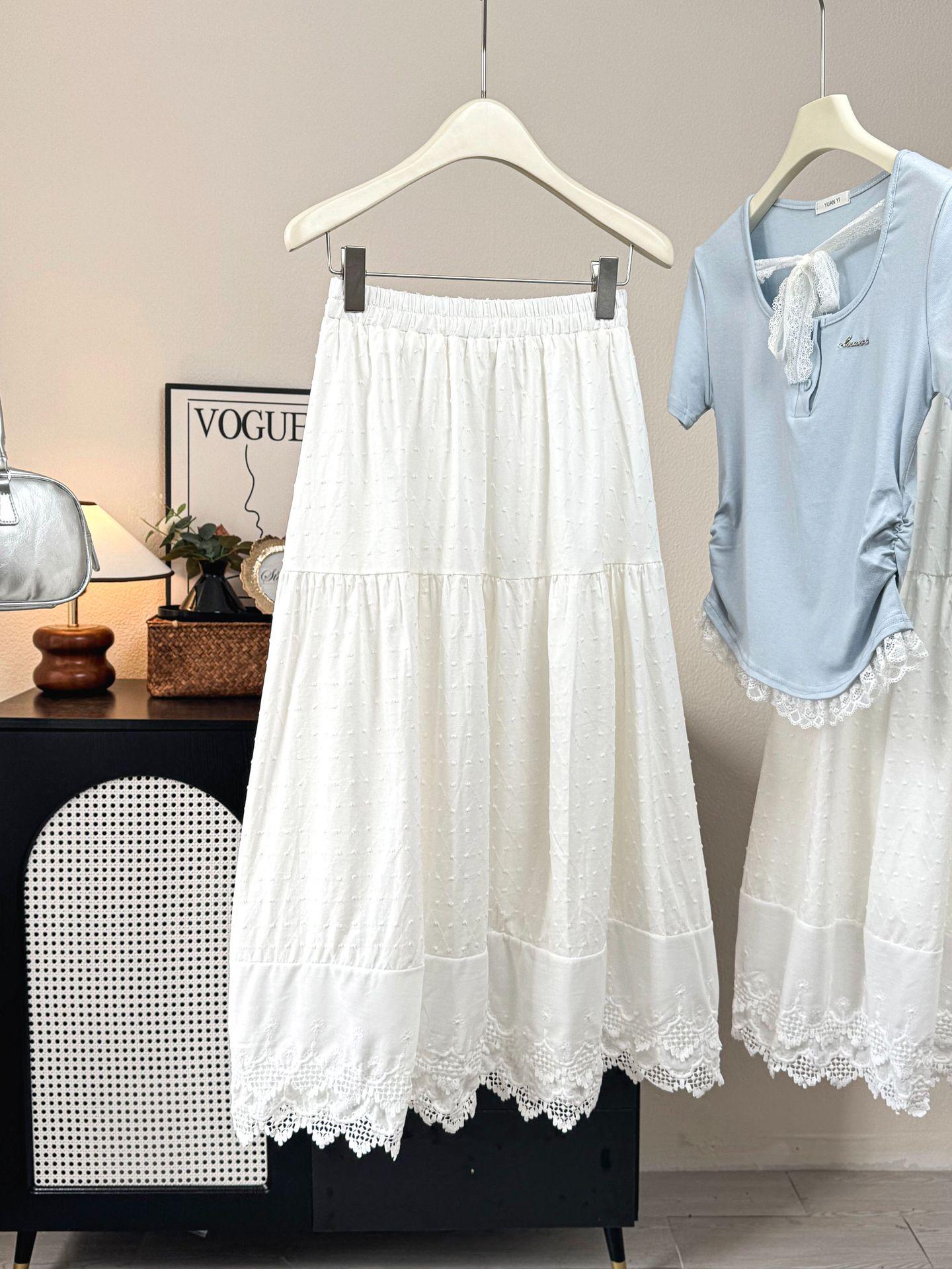 Summer 2026 Women’s A-line Spliced Lace Trim Jacquard Skirt – Slimming, Versatile White Fairy Design One Size абрикосовый/белый