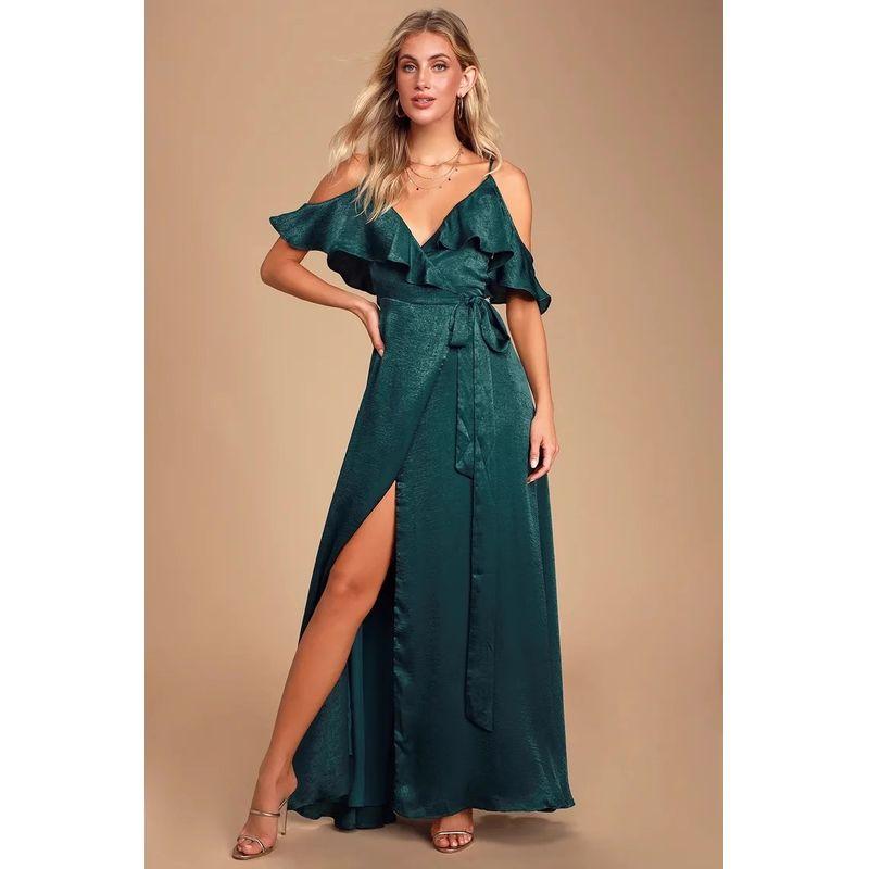 

Export Single Lu Home off-the-Shoulder Strap Ruffles Sexy Beautiful Film Tourism Island Elegant One-Piece Dress Dark green M