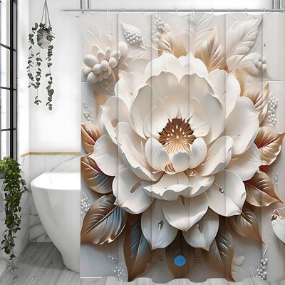 Weißer Blumenduschvorhang, Leicht geprägter floraler Badezimmer-Dekoduschvorhang, Wasserdichter Duschvorhang mit Haken